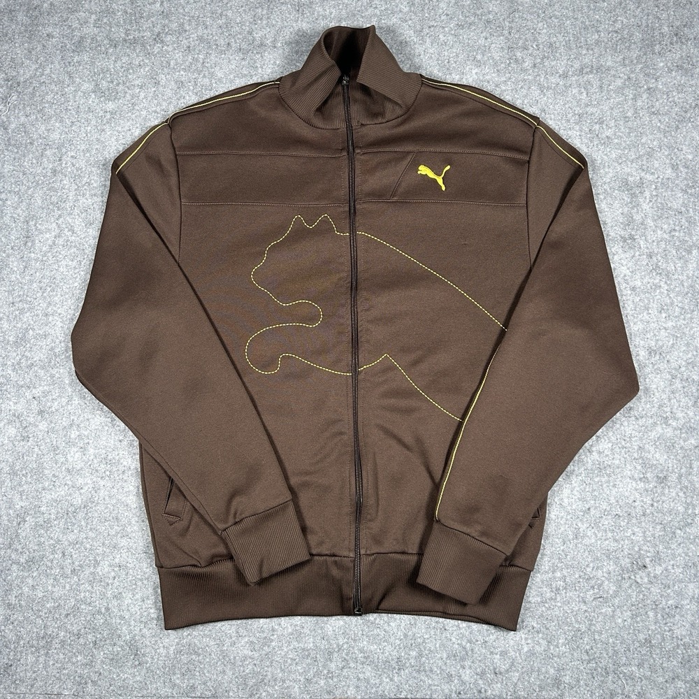 Puma Track Jacket Mens Size Small Brown‎ Big Puma Wrap Around Graphic Full Zip